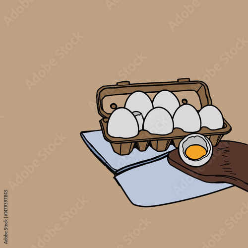 Chicken eggs in packaging. Fresh brown eggs in paper box, container. Fresh raw eggs whole and broken in white and yellow. Vector illustration. Flat cartoon style. Breakfast, organic farm food concept.
