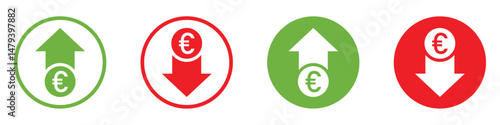 Euro currency trend icons set. Green up arrow and red down arrow with euro symbol, Flat design economy and finance indicators for inflation, deflation, exchange rate movement. Vector illustration.
