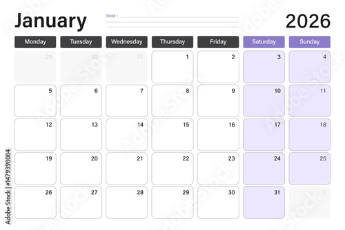 January 2026 calendar or desk planner in soft gray and purple colors with empty note lines, weeks start on Monday, vector illustration design