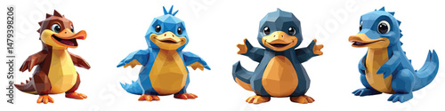 Cut Out Set of Low Poly Vector illustration Of Platypus Toy Isolated on Transparent or White Background.