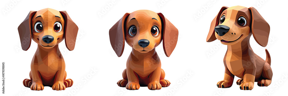 Obraz premium Set of 3 Cute Cartoon Brown Dachshund Puppies Vector Illustration