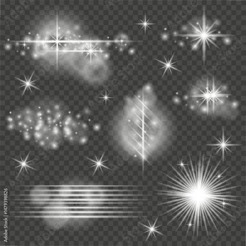 Light Effect Glow of various shapes, similar to twinkling stars, sparks, lights, flashes, light from lighting fixtures, spotlights, rays of light elements isolated on transparent background vector