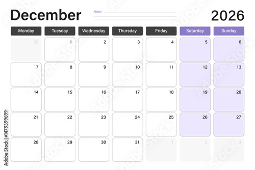 December 2026 calendar or desk planner in soft gray and purple colors with empty note lines, weeks start on Monday, vector illustration design