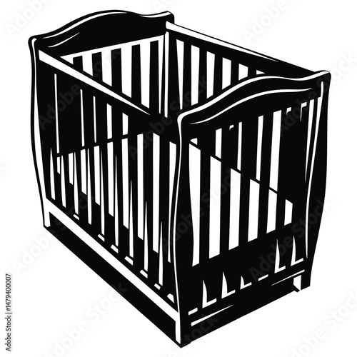 Graphic illustration of a baby crib in black and white vector style