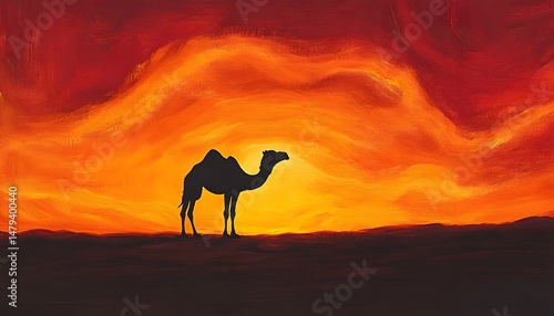 Silhouette of a camel at sunset against a fiery sky.