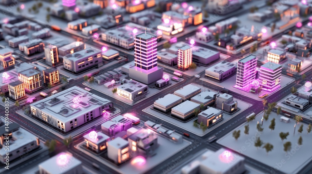 Obraz premium Detailed cityscape model with glowing lights.