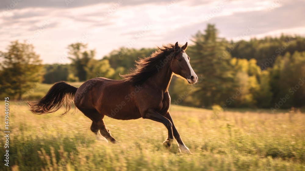 Majestic horse running through sunlit meadow, dynamic motion captured, golden hour lighting, f/2.8, pastoral landscape with soft focus background Majestic horse running through sunlit meadow, dynamic motion captured, golden hour lighting, f/2.8, pastoral landscape with soft focus background