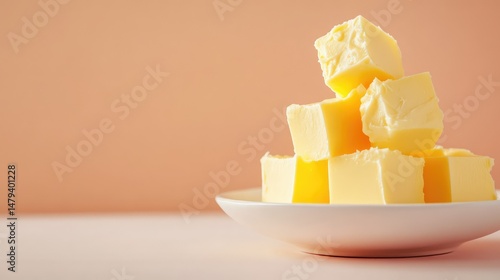 Minimalist image of butter cube on white surface, high clarity and depth for culinary or packaging themes
