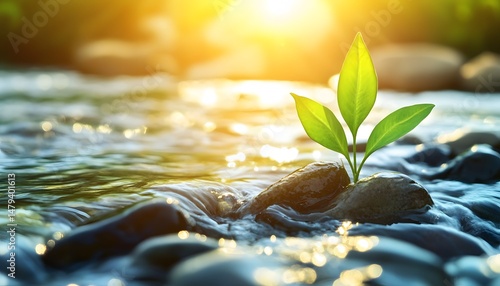 New growth emerging amidst flowing water and stones.