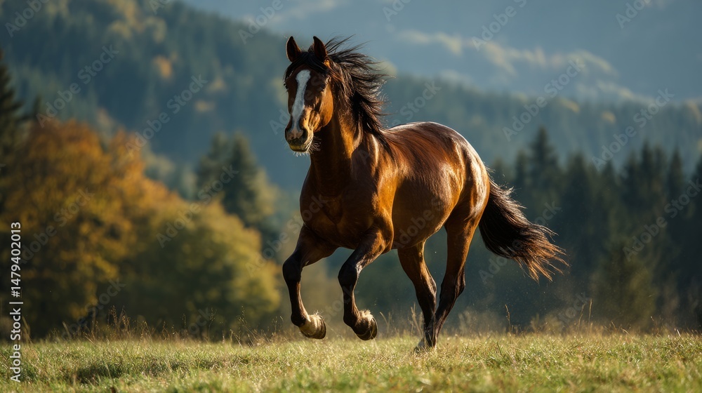Fototapeta premium Majestic horse running through sunlit meadow, dynamic motion captured, golden hour lighting, f/2.8, pastoral landscape with soft focus background