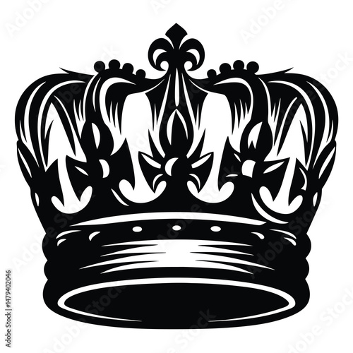 Detailed black and white vector illustration of a royal crown design