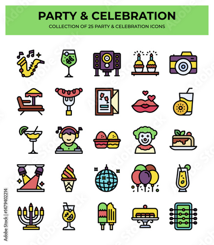 25 Party and Celebration Icons. A vibrant collection of festive and colorful icons perfect for events and parties.