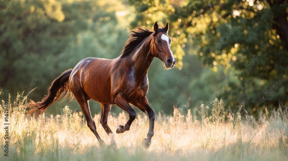 Fototapeta premium Majestic horse running through sunlit meadow, dynamic motion captured, golden hour lighting, f/2.8, pastoral landscape with soft focus background