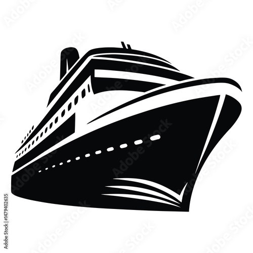 Black and white vector illustration of a massive cruise ship at sea