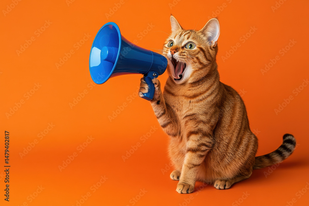 Fototapeta premium Cat wearing a blue megaphone as a hat, perched on a tree branch, looking curious and playful.