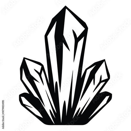 Monochrome illustration of a cluster of crystals in black and white