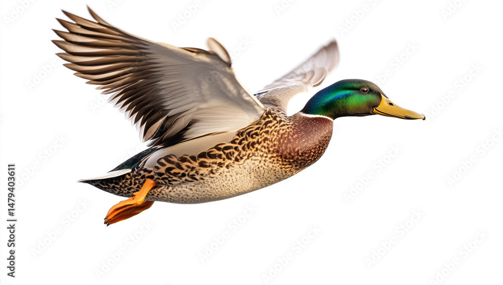 Obraz premium Flying Mallard Duck on White Background