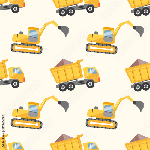 Seamless pattern of yellow cartoon excavators and loaded dump trucks on a light background.