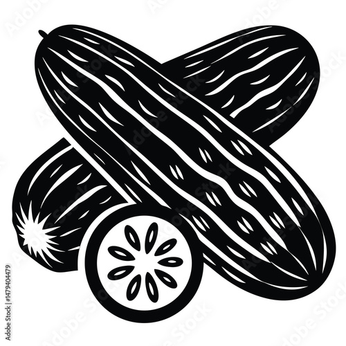 Graphic design with two overlapping cucumbers and a cucumber slice, black and white