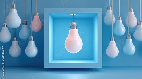 One pink light bulb stands out from the many blue light bulbs hanging from the ceiling in a blue room.