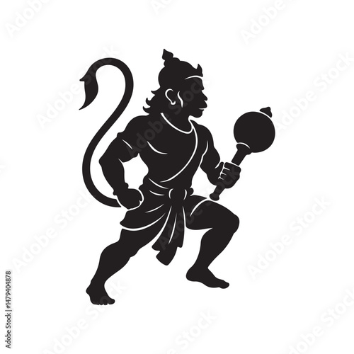 Hanuman silhouette mythical monkey god Icon with mace for hindu symbolism