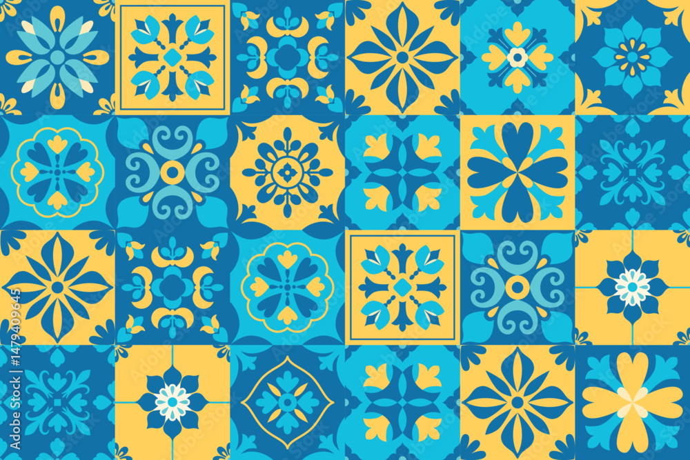 Mediterranean geometric folk pattern. Blue and yellow tiles background. Abstract floral ornament. Italian, Portuguese, Spanish porcelain pottery. Mosaic. Interior design. Vector illustration. Mediterranean geometric folk pattern. Blue and yellow tiles background. Abstract floral ornament. Italian, Portuguese, Spanish porcelain pottery. Mosaic. Interior design. Vector illustration.