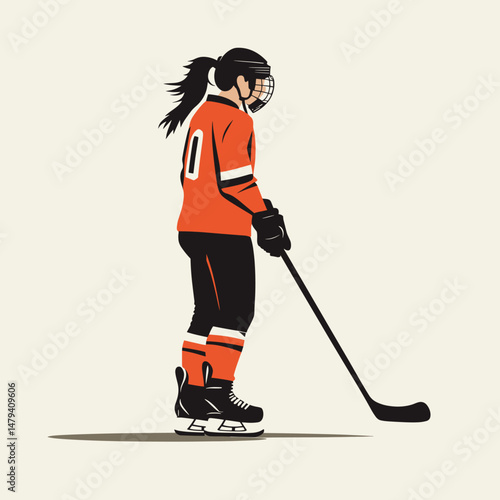 Young Woman in Orange Hockey Gear