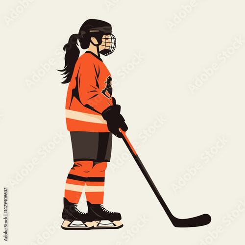 Young Woman in Orange Hockey Gear