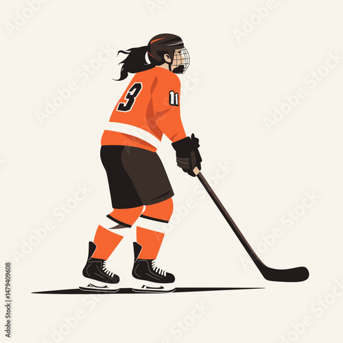 Young Woman in Orange Hockey Gear