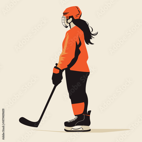 Young Woman in Orange Hockey Gear