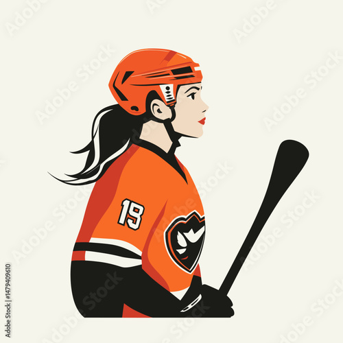 Young Woman in Orange Hockey Gear