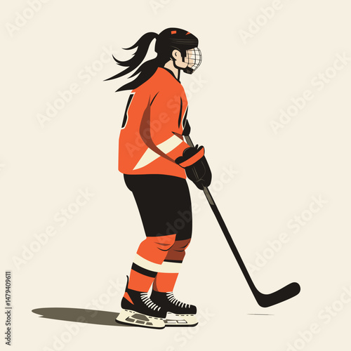 Young Woman in Orange Hockey Gear