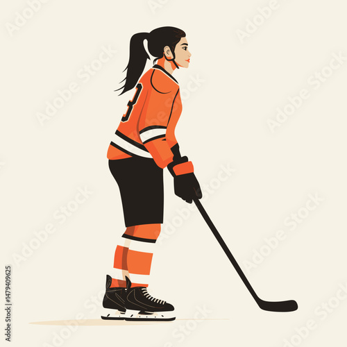 Young Woman in Orange Hockey Gear