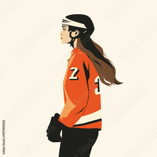 Young Woman in Orange Hockey Gear