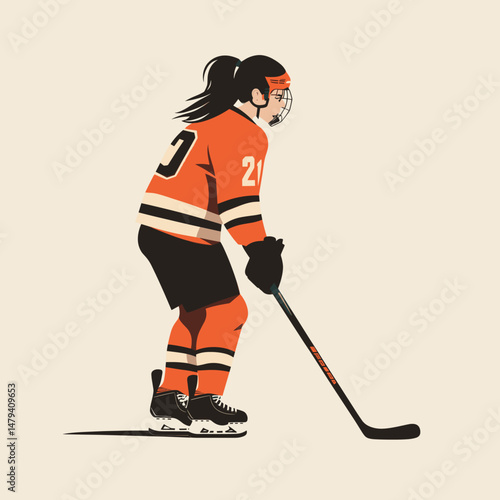 Young Woman in Orange Hockey Gear