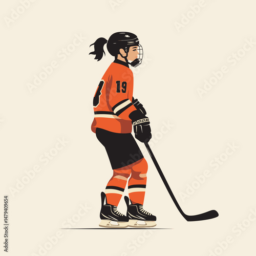 Young Woman in Orange Hockey Gear