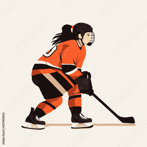 Young Woman in Orange Hockey Gear