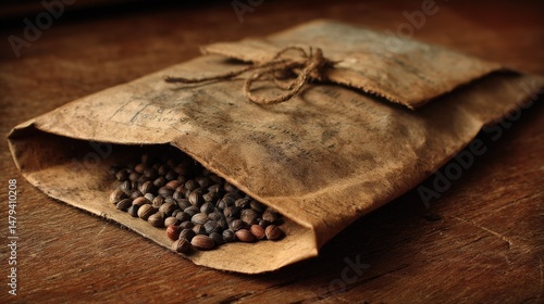 Antique Paper Bag Filled with Seeds Rustic Vintage Gardening Botany