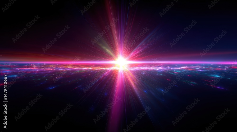 Fototapeta premium A bright starburst radiates colorful light across a dark horizon illuminating a distant digital landscape.