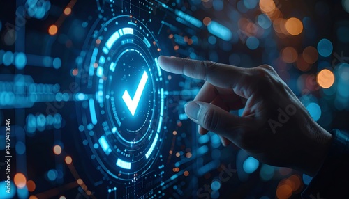 A hand interacts with a glowing digital interface, featuring a check mark symbol, representing technology and confirmation in a futuristic setting