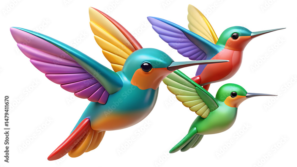 Obraz premium Three vibrant 3d rendered hummingbirds in flight with vivid rainbow colored wings isolated on transparent background HD photo PNG file download.