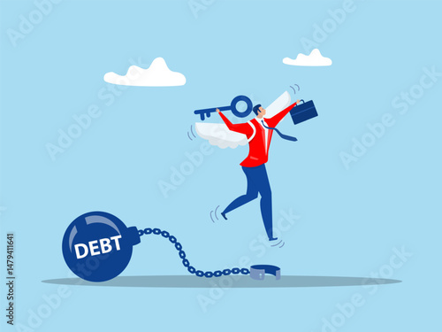 businessman holding golden key after unlock debt burden chain.Debt free or freedom for pay off debts concept vector