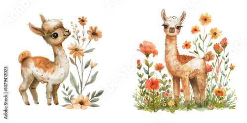 cute lama and flowers watercolor vector illustration