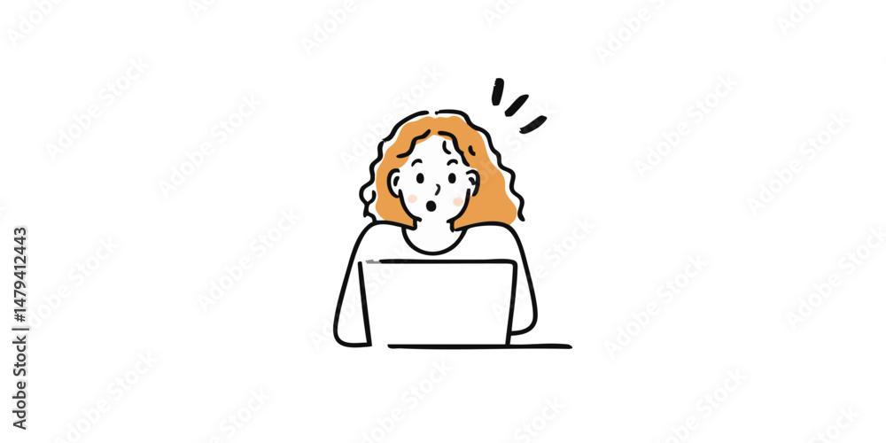 Obraz premium A woman's face lights up with surprise and realization as she looks at her laptop. A moment of discovery is shown with simplicity, creating a clear illustration of a eureka moment.