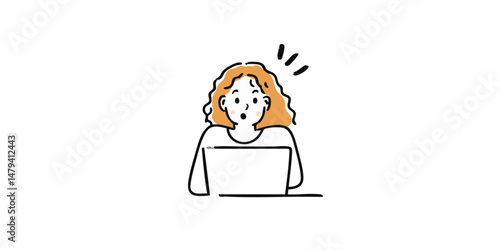 A woman's face lights up with surprise and realization as she looks at her laptop. A moment of discovery is shown with simplicity, creating a clear illustration of a eureka moment.