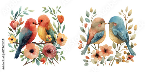 cute love bird and flowers watercolor vector illustration