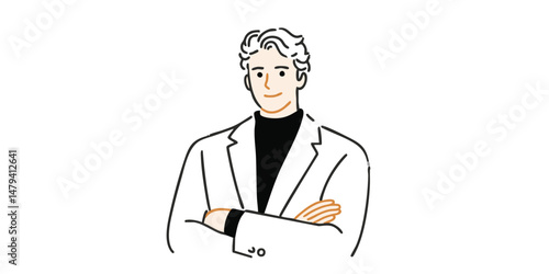 An illustration of a confident and professional male in a stylish suit, exuding expertise and approachable charm, stands with arms crossed, embodying reliability and competence.