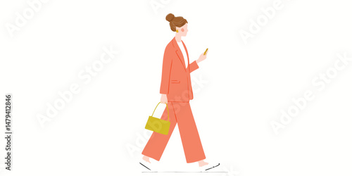 A stylish individual steps out, engrossed in their smart phone, carrying a modern bag in the bright day. This illustration captures the essence of contemporary style.