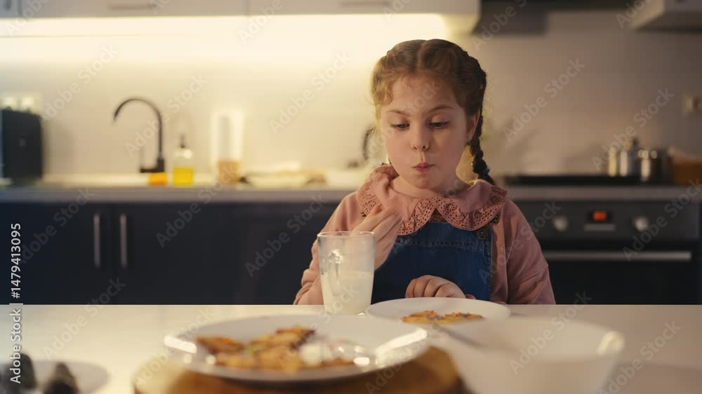 Little girl eating homemade cookies and drinking milk, enjoying lunch at home Little girl eating homemade cookies and drinking milk, enjoying lunch at home