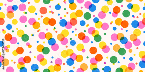 Pattern of colorful rounds different size confetti with texture and transparent effect. Risograph dots pattern